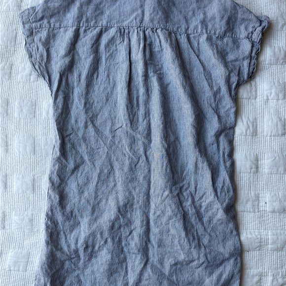 Tahiti 100% Linen Striped Blue Button Down Shirt Cuff Short Sleeve Dress S - Picture 2 of 7